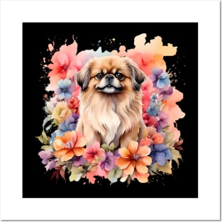 A pekingese decorated with beautiful watercolor flowers Posters and Art